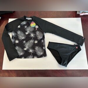 Hurley Girls' Long Sleeve Rash Guard 2 Piece Swimsuit NWT Black Size 10